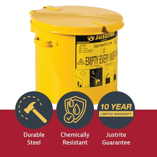 Justrite 2 Gallon Galvanized Steel Countertop Oily Waste Can, 9" x 9.6" Metal Oil Rag Safety Can with Hand Operated Self-Closing Lid for Oil Rag Disposal, Made in The USA, Yellow, 09200Y