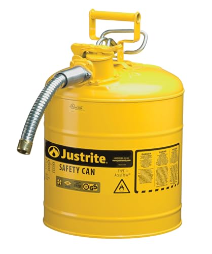 Justrite 5 Gallon Type II Yellow Safety Can for Diesel with Flame Arrester, Self-Closing Lid, and 1" Flexible Metal Spout, Made in the USA, Galvanized Steel Flammable Storage Can, 7250230