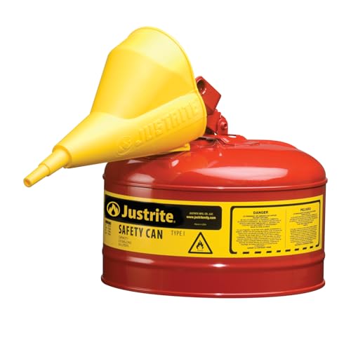 Justrite 2.5 Gallon Type I Red Safety Gas Can for Gasoline with Flame Arrester, Self-Closing Lid, and Funnel, Made in The USA, Galvanized Steel Flammable Storage Can, 7125110