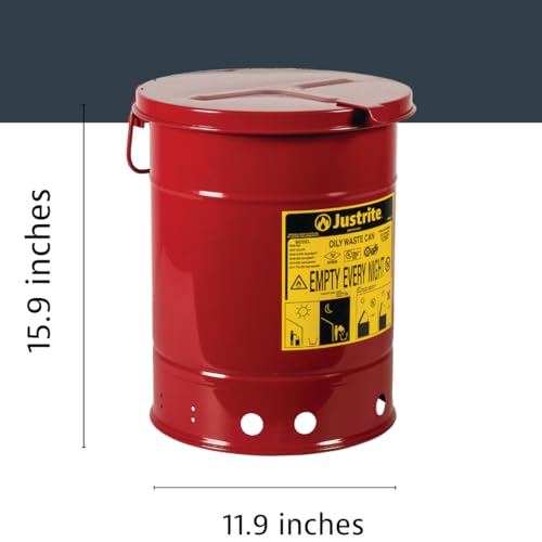 Justrite 6 Gallon Galvanized Steel Oily Waste Can, 16" x 12" Metal Oil Rag Safety Can with Hand Operated Self-Closing Lid for Oil Rag Disposal, Made in The USA, Red, 09110