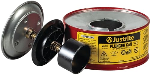 Justrite 10108 Plunger Can for Solvents, 1 Quart Capacity, 5.6" x 7.25" Steel Push-Down Solvent Dispenser Can, Made in the USA