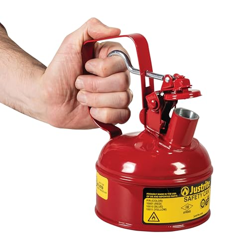 Justrite 1 Pint Type I Red Safety Gas Can for Gasoline with Flame Arrester, Self-Closing Lid, and Trigger Handle, Made in the USA, Galvanized Steel Flammable Storage Can, 10001