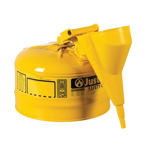Justrite 2.5 Gallon Type I Yellow Safety Can for Diesel with Flame Arrester, Self-Closing Lid, and Funnel, Made in The USA, Galvanized Steel Flammable Storage Can, 7125210