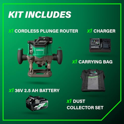 Metabo HPT 36V MultiVolt Cordless Plunge Router Kit | Includes 1/2-Inch and 1/4-Inch Collets | Variable Speed | Optional AC Adapter | M3612DA