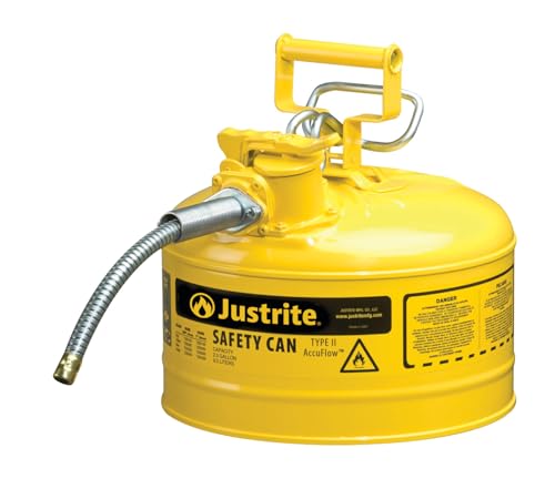 Justrite 2.5 Gallon Type II Yellow Safety Can for Diesel with Flame Arrester, Self-Closing Lid, and 5/8" Flexible Metal Spout, Made in the USA, Galvanized Steel Flammable Storage Can, 7225220