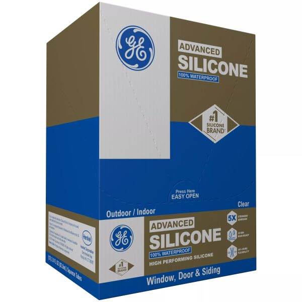 GE Advanced Silicone Caulk for Window & Door, Clear, 2.8 fl oz Tube, 100% Waterproof Silicone Sealant, 5X Stronger Adhesion, Freeze & Sun Proof (Pack of 12)