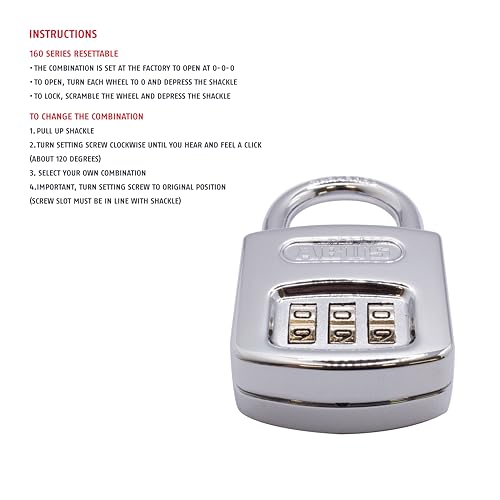 Abus 160/40 C 160 All Weather Resettable Chrome Combination Padlock, 3 Dial