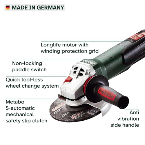 Metabo 6-Inch Angle Grinder, 13.5 Amp, 9,600 RPM, Electronics, Non-locking Paddle Switch, Made in Germany, WEP 15-150 Quick, 600488420, Green