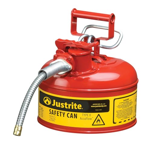 Justrite 1 Gallon Type II Red Safety Gas Can for Gasoline with Flame Arrester, Self-Closing Lid, and 5/8" Flexible Metal Spout, Made in the USA, Galvanized Steel Flammable Storage Can, 7210120