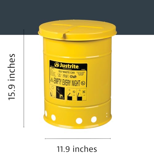 Justrite 6 Gallon Galvanized Steel Oily Waste Can, 16" x 12" Metal Oil Rag Safety Can with Hand Operated Self-Closing Lid for Oil Rag Disposal, Made in The USA, Yellow, 09111