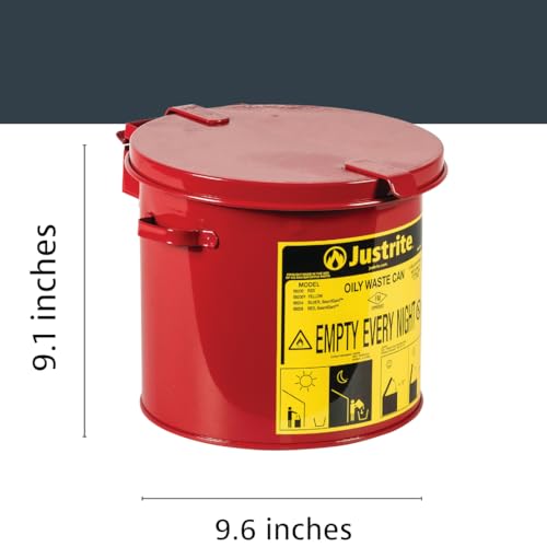 Justrite 2 Gallon Galvanized Steel Countertop Oily Waste Can, 9" x 9.6" Metal Oil Rag Safety Can with Hand Operated Self-Closing Lid for Oil Rag Disposal, Made in The USA, Red, 09200