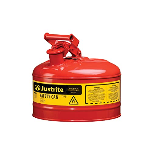 Justrite 2.5 Gallon Type I Red Safety Gas Can for Gasoline with Flame Arrester and Self-Closing Lid, Made in the USA, Galvanized Steel Flammable Storage Can, 7125100