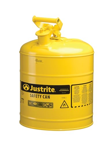 Justrite 5 Gallon Type I Yellow Safety Can for Diesel with Flame Arrester and Self-Closing Lid, Made in the USA, Galvanized Steel Flammable Storage Can, 7150200