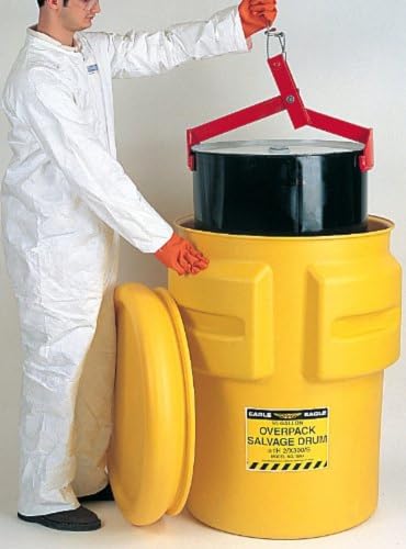 Eagle 95 Gallon Plastic Drum with Lid, Metal Bolt Ring, 44.4"x31", Salvage Drum Made of Durable, Lightweight HDPE, Withstands Weather and Chemicals, Made in USA, Yellow, 1695