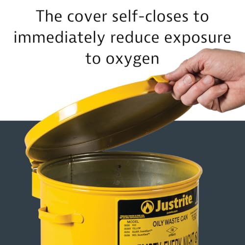 Justrite 2 Gallon Galvanized Steel Countertop Oily Waste Can, 9" x 9.6" Metal Oil Rag Safety Can with Hand Operated Self-Closing Lid for Oil Rag Disposal, Made in The USA, Yellow, 09200Y