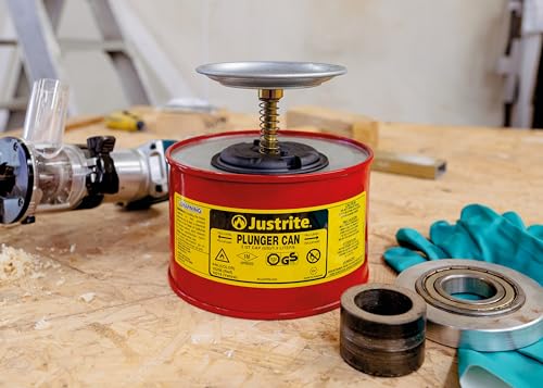 Justrite Plunger Can for Solvents, 2 Quarts Capacity, 7.4" x 7.25" Steel Push-Down Solvent Dispenser Can, Made in The USA Industrial Mechanic Tools, Red, 10208