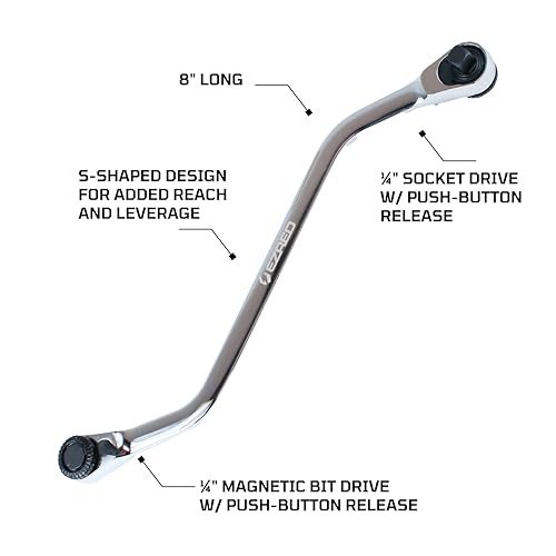 EZRED 4SS8 S-shaped Quarter Stick, 1/4″ square socket and magnetic bit drives, Low profile and Great for exhaust work, body work, and dashboards