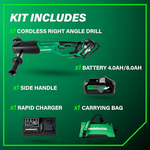 Metabo HPT 36V MultiVolt Cordless 1/2" High Power Right Angle Drill Kit, Power Drill Set with Bag, Lithium-Ion Slide Battery and Charger, 1/2-Inch Chuck, Compact Lightweight Power Tool, D36DYA