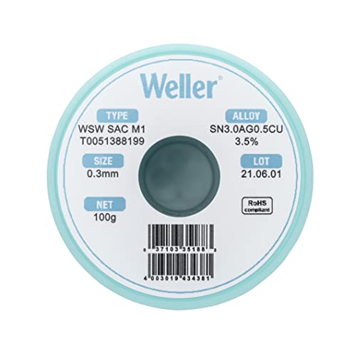 Weller WSW SAC M1 (T0051386599) Lead Free Solder Wire, Dia: 0.3 mm / 0.012 in, Wt: 500 g / 17.637 oz, Alloy Sn96.5Ag3.0Cu0.5, Flux content 3.5%