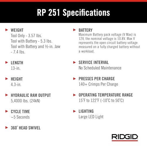 RIDGID 78198 RP 251 Press Tool Battery Kit with ProPress Rings (1/2"-1-1/4") and C1 Actuator