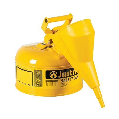 Justrite 1 Gallon Type I Yellow Safety Can for Diesel with Flame Arrester, Self-Closing Lid, and Funnel, Made in The USA, Galvanized Steel Flammable Storage Can, 7110210