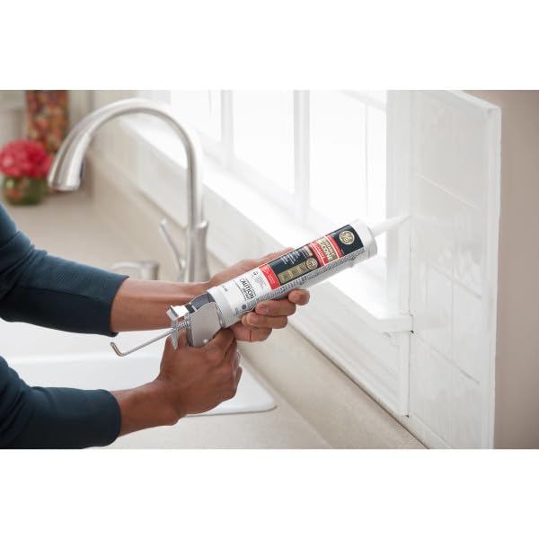 GE Supreme Paintable Silicone Caulk for Kitchen & Bathroom, White, 9.5 fl oz Cartridge, 100% Waterproof Silicone Sealant, 7X Stronger Adhesion, Shrink & Crack Proof