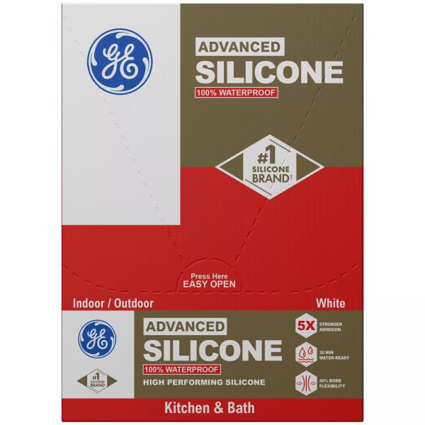 GE Advanced Silicone Caulk for Kitchen & Bathroom, White, 2.8 fl oz Tube, 100% Waterproof Silicone Sealant, 5X Stronger Adhesion, Shrink & Crack Proof (Pack of 12)