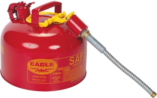 Eagle 2.5 Gallon Type II Red Safety Gas Can for Gasoline with Flame Arrester, Self-Closing Lid, and 12" x 5/8" Flexible Metal Hose, Made in the USA, Galvanized Steel Flammable Storage Can, U226SX5