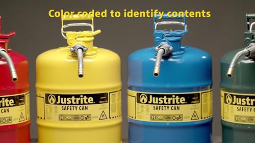 Justrite 5 Gallon Type II Green Safety Can for Oil with Flame Arrester, Self-Closing Lid, and 1" Flexible Metal Spout, Made in the USA, Galvanized Steel Flammable Storage Can, 7250430