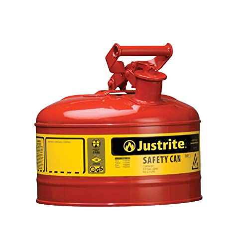 Justrite 2.5 Gallon Type I Red Safety Gas Can for Gasoline with Flame Arrester and Self-Closing Lid, Made in the USA, Galvanized Steel Flammable Storage Can, 7125100