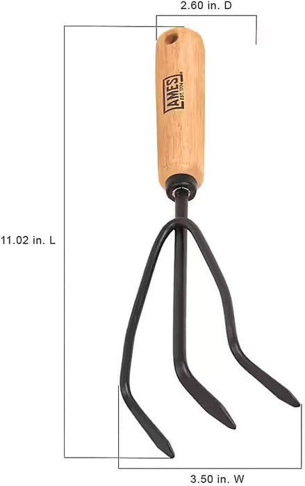 AMES 2446300 Tempered Steel Hand Cultivator with Wood Handle, 11-Inch, Brown Wood Handle Hand Cultivator