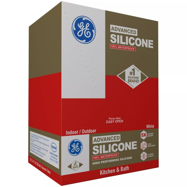 GE Advanced Silicone Caulk for Kitchen & Bathroom, White, 2.8 fl oz Tube, 100% Waterproof Silicone Sealant, 5X Stronger Adhesion, Shrink & Crack Proof (Pack of 12)