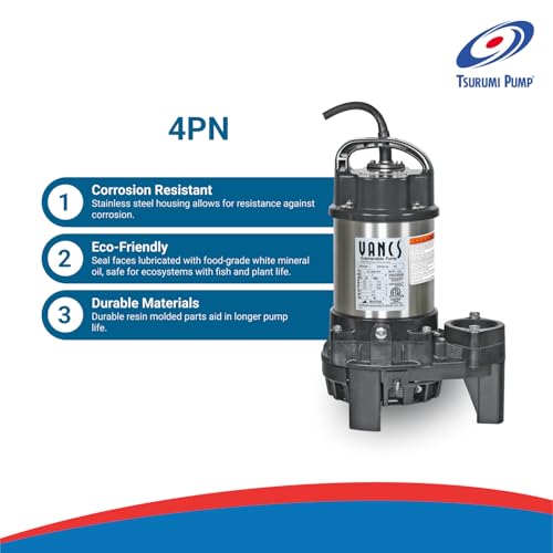 Tsurumi Pump 4-PN | Submersible Pond Pump/Waterfall Pump | 1/2 HP, 115V, 2 in Discharge | Ideal Water Feature Pump for Ponds, Fountains, Waterfalls | 80 GPM / 4800GPH