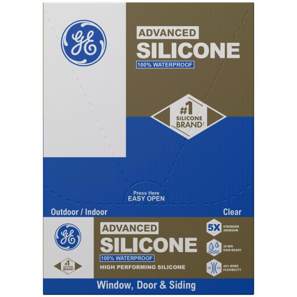GE Advanced Silicone Caulk for Window & Door, Clear, 2.8 fl oz Tube, 100% Waterproof Silicone Sealant, 5X Stronger Adhesion, Freeze & Sun Proof (Pack of 12)