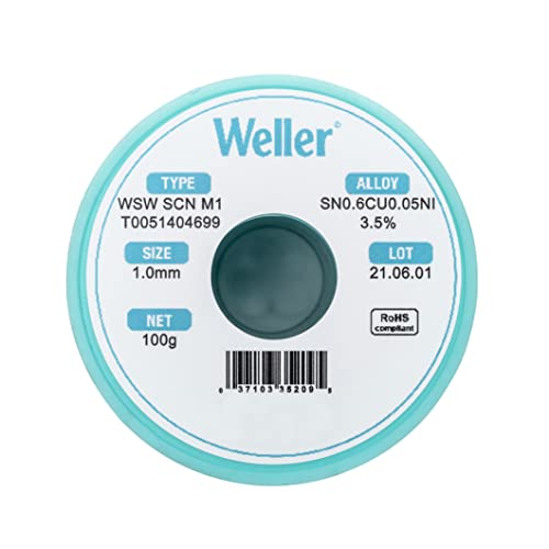 Weller WSW SCN M1 (T0051404699) Solder Wire, Dia: 1.0 mm / 0.039 in, Wt: 100 g / 3.527 oz, Alloy Sn99.3Cu0.6Ni0.05, Flux content 3.5%