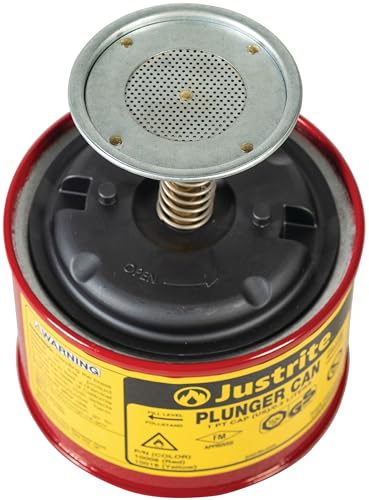 Justrite 10008 Plunger Can for Solvents, 1 Pint Capacity, 5.25" x 4.9" Steel Push-Down Solvent Dispenser Can, Made in the USA Industrial Mechanic Tools, Red