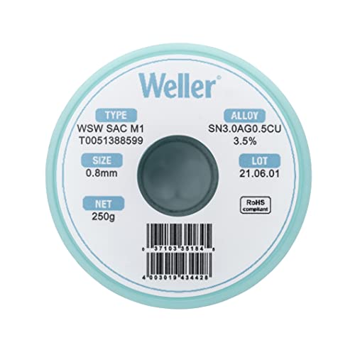 Weller WSW SAC M1 (T0051402599) Lead Free Solder Wire, Dia: 0.8 mm / 0.039 in, Wt: 100 g / 3.527 oz, Alloy Sn96.5Ag3.0Cu0.5, Flux content 3.5%
