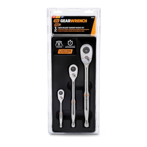 GEARWRENCH 3 Piece 1/4", 3/8� and 1/2" Drive 90-Tooth Quick Release Teardrop Ratchet Set | 81310T