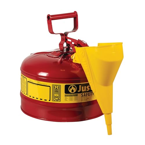 Justrite 2.5 Gallon Type I Red Safety Gas Can for Gasoline with Flame Arrester, Self-Closing Lid, and Funnel, Made in The USA, Galvanized Steel Flammable Storage Can, 7125110