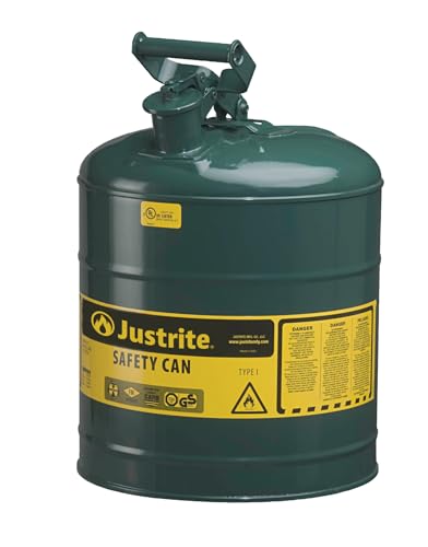 Justrite 5 Gallon Type I Green Safety Can for Oil with Flame Arrester and Self-Closing Lid, Made in the USA, Galvanized Steel Flammable Storage Can, 7150400