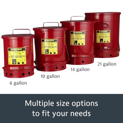 Justrite 10 Gallon Galvanized Steel Oily Waste Can, 18" x 14" Metal Oil Rag Safety Can with Quiet Foot Operated Self-Closing Lid for Oil Rag Disposal, Made in The USA, Red, 09308