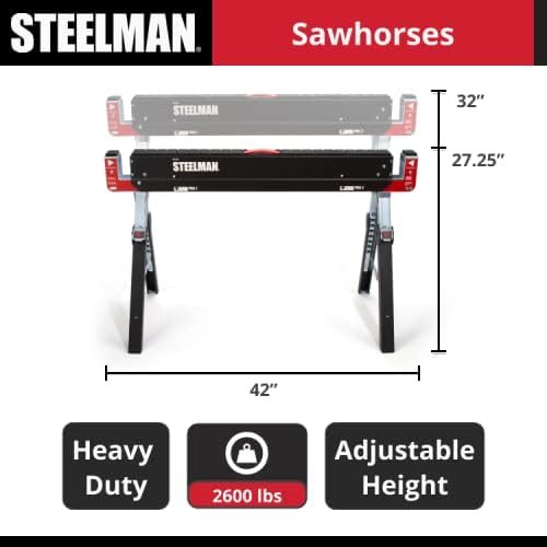 Steelman 67104 Adjustable Height Work Table Folding Sawhorses, Durable Steel Construction, Folding Legs, 2x4 Table Support Arms, 2,600 lb. Combined Loading Capacity (Set of Two)