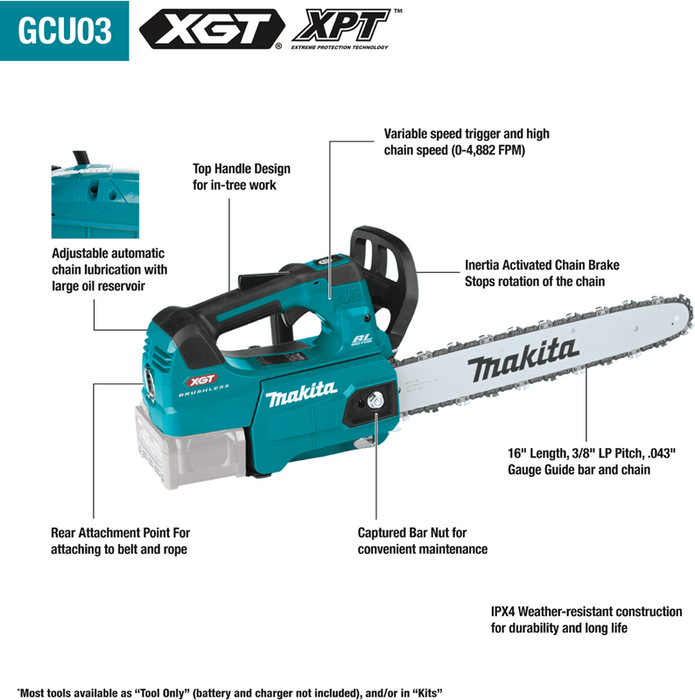 Makita (GCU03T) 40V MAX XGT Brushless Cordless 16 In. Top Handle Chain Saw Kit