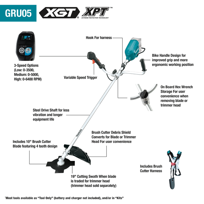 Makita GRU05Z 80V max (40V max X2) XGT Brushless Cordless Brush Cutter, Tool Only