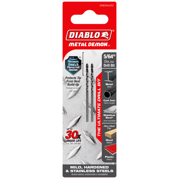 Diablo DMD564JP2 Metal Demon Drill Bits for Mild, Hardened and Stainless Steels, 5/64-Inch Diameter, CYL Shank, 1.9-Inch Length (Pack of 2)