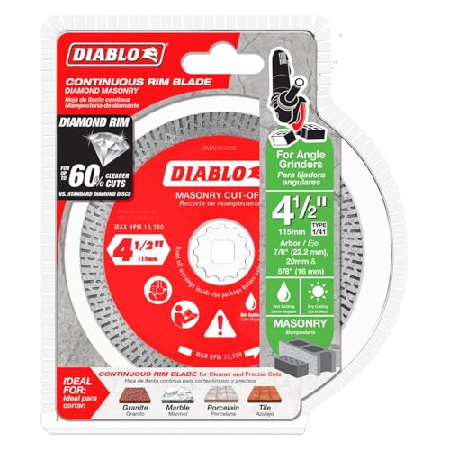 Diablo Diamond Continuous Rim Masonry Cut-Off Disc for Granite, Marble, Porcelain and Tile - 4-1/2" Diameter, 1.4mm Kerf, 13280 Max RPM - DMADC0450