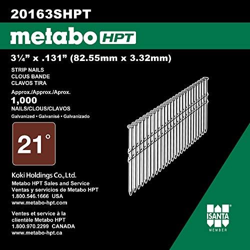 Metabo HPT (20163SHPT) Framing Nails, 3-1/4 In. x .131 Diameter, 21 Degree, Full Round Head, Smooth Shank, Hot Dipped Galvanized (Pack of 1000)