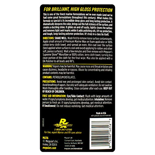 Meguiar's Flagship Premium Marine Wax M6316 - Synthetic RV and Boat - Durable Fiberglass and Gel Coat Protection for a Long-Lasting Shine - Professional-Grade with UV Protection, 16 Oz Liquid