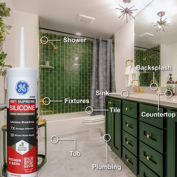 GE Supreme Silicone Caulk for Kitchen & Bathroom, Clear, 10 fl oz Cartridge, 100% Waterproof Silicone Sealant, 7X Stronger Adhesion, Shrink & Crack Proof (Pack of 1)