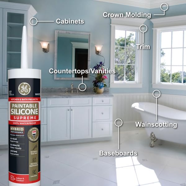 GE Supreme Paintable Silicone Caulk for Kitchen & Bathroom, White, 9.5 fl oz Cartridge, 100% Waterproof Silicone Sealant, 7X Stronger Adhesion, Shrink & Crack Proof